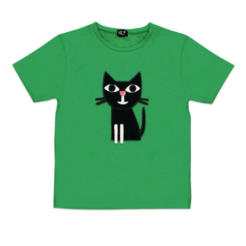 3. Kids green cat t-shirt by HILP showcasing a fun black cat print, designed for comfort and play