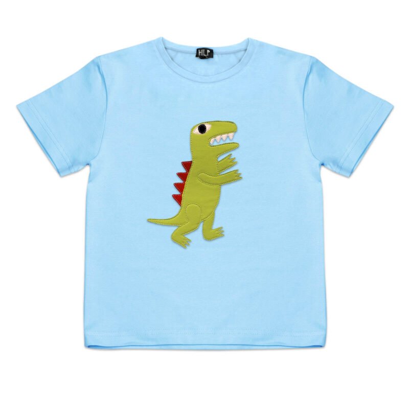4. Kids light blue dinosaur t-shirt by HILP with vibrant dinosaur motif, studio photo