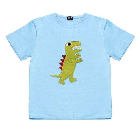 4. Kids light blue dinosaur t-shirt by HILP with vibrant dinosaur motif, studio photo