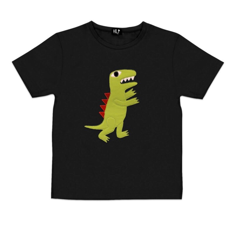 1. Kids black dinosaur t-shirt by HILP featuring green dinosaur graphic, studio shot