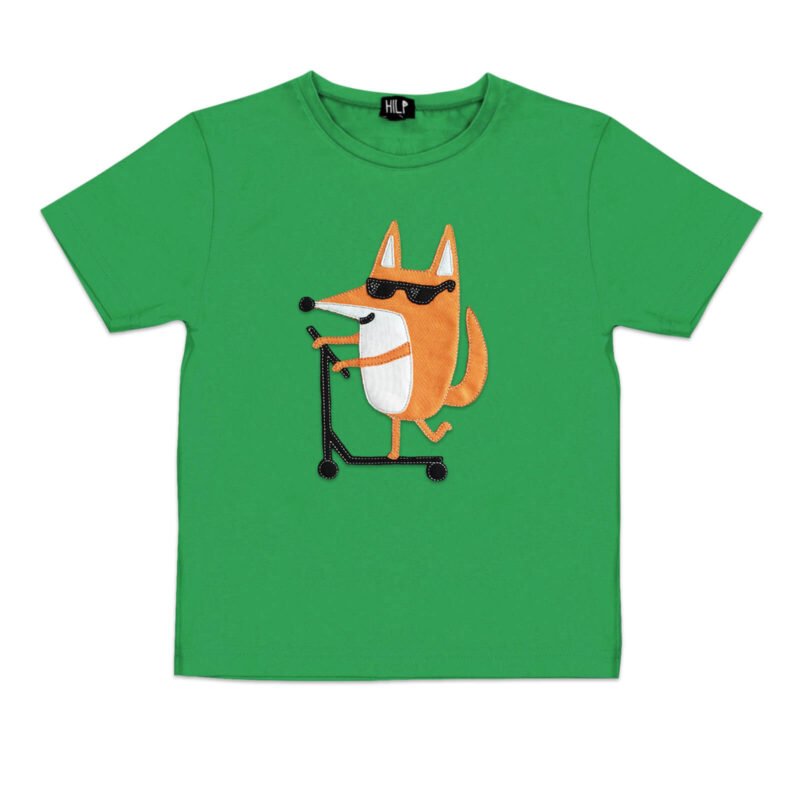 2. Kids green Scootering Fox T-Shirt by HILP with fun fox graphic, studio setting
