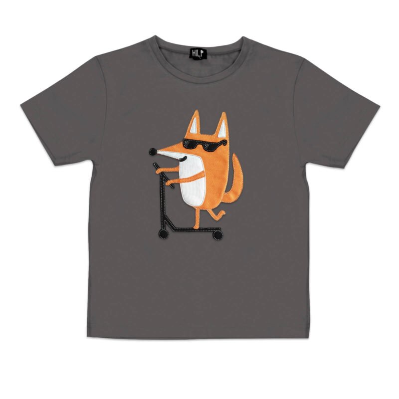 3. Kids grey Scootering Fox T-Shirt by HILP showcasing fox on scooter, studio image
