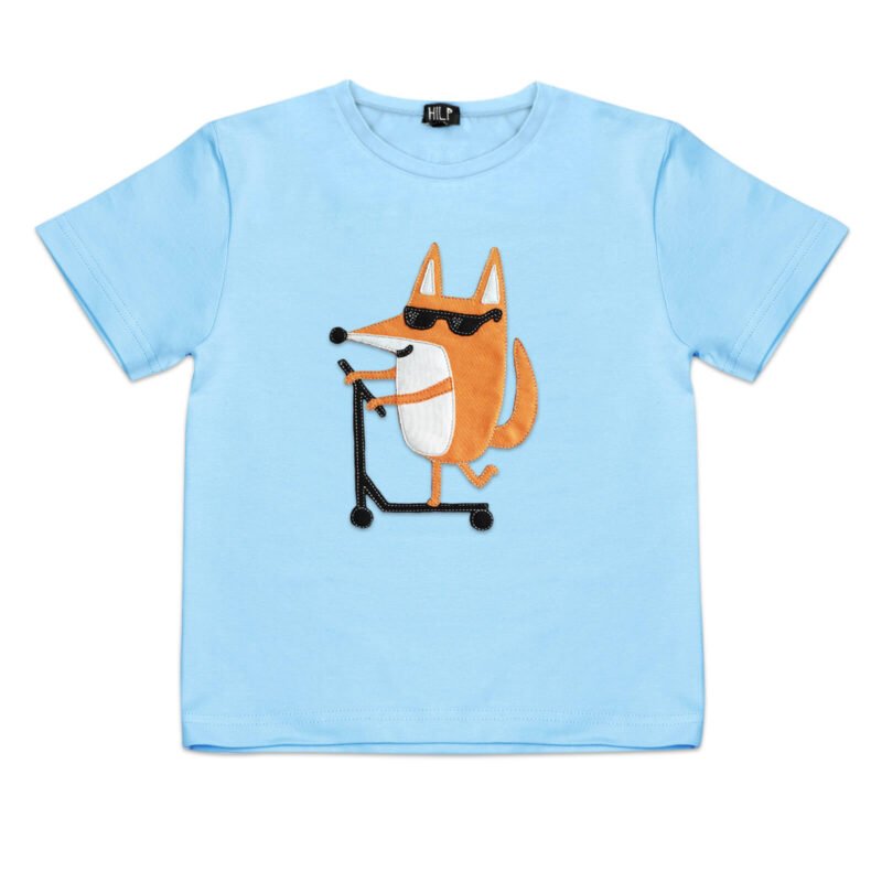 4. Kids light blue Scootering Fox T-Shirt by HILP with fox design, studio photo