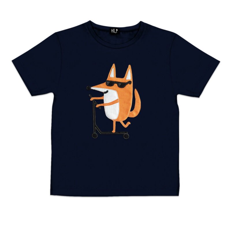 5. Kids navy Scootering Fox T-Shirt by HILP featuring fox on scooter, studio view