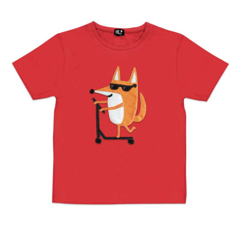 6. Kids red Scootering Fox T-Shirt by HILP with playful fox motif, studio shot