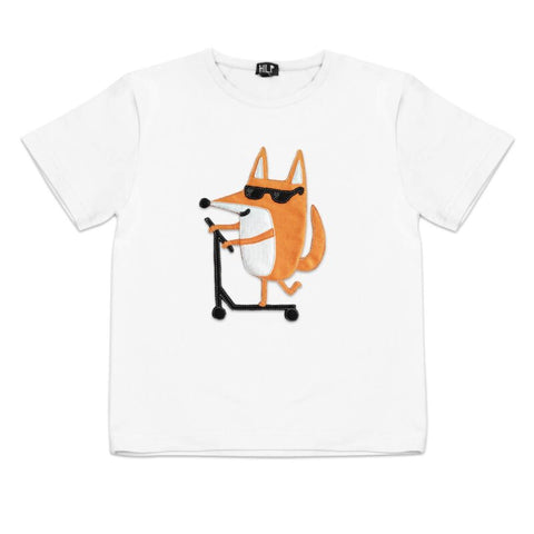 1. Kids white Scootering Fox T-Shirt by HILP featuring playful fox design, studio shot