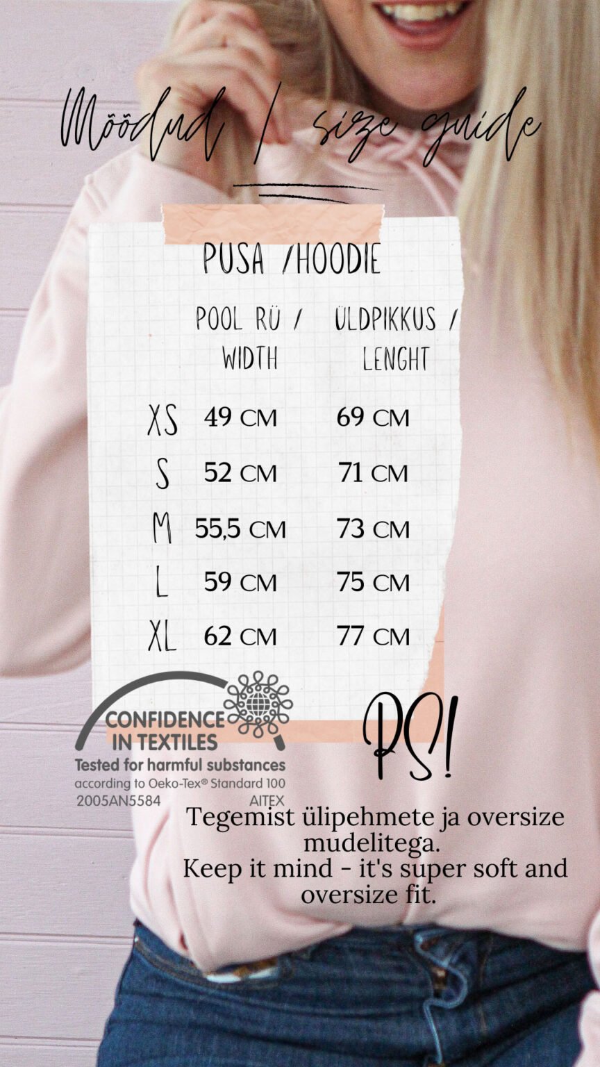 3. Size chart for Black Giraffe Brand Note to Self Hoodie, showing measurements in cm for XS to XL with fit details