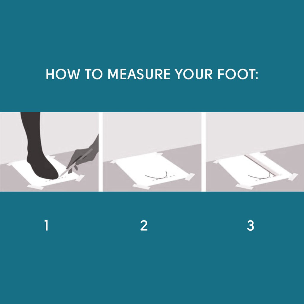 6. Size chart with illustration showing how to measure your foot on paper