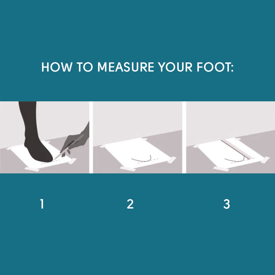 6. Size chart with illustration showing how to measure your foot on paper