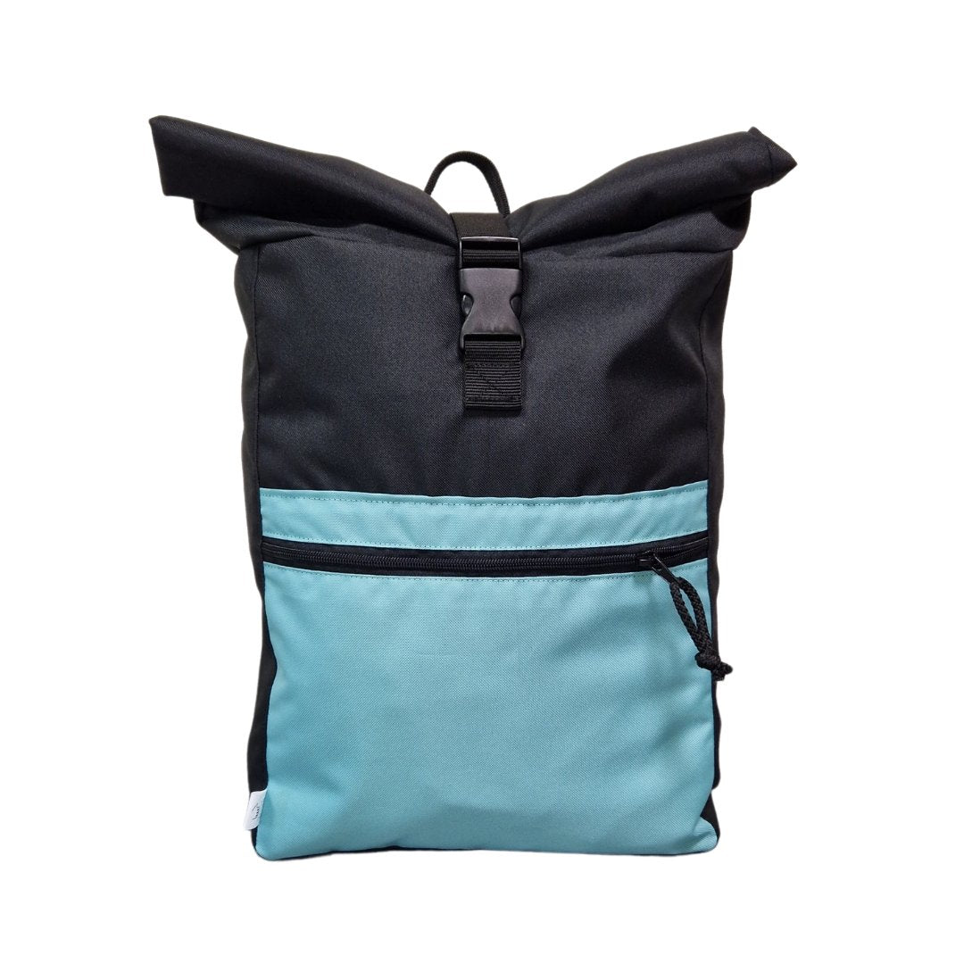 3. Drinbags ICY PATCH waterproof backpack in black and teal with roll-top closure, shown in studio