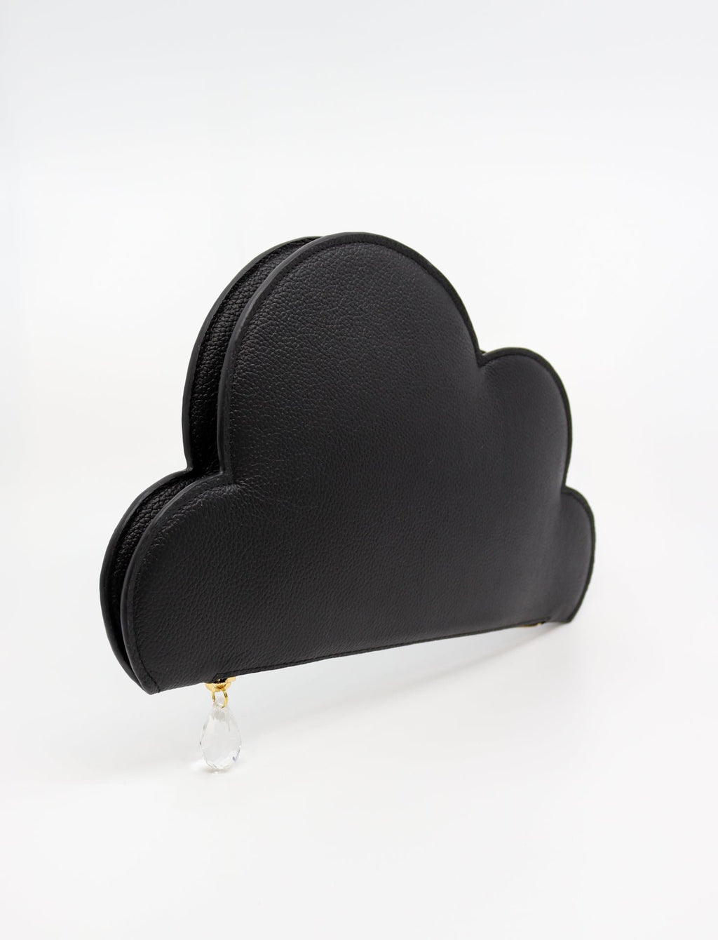 3. Studio shot of Tairi Roosve Leather Clutch Bag Cloud in black, highlighting cloud shape and raindrop zip detail
