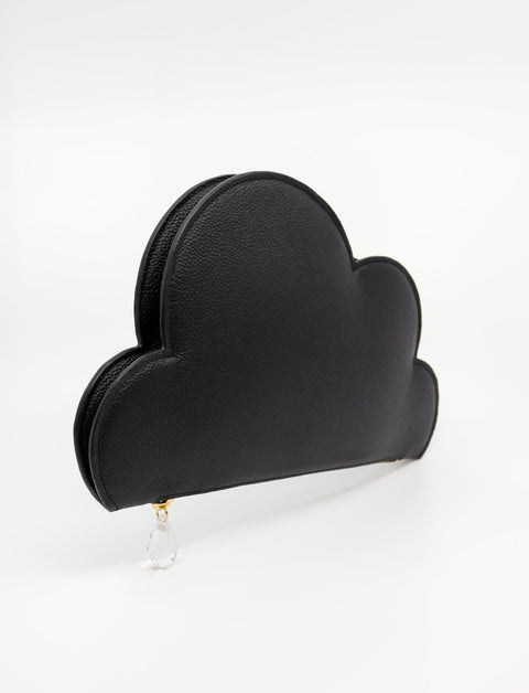 3. Studio shot of Tairi Roosve Leather Clutch Bag Cloud in black, highlighting cloud shape and raindrop zip detail