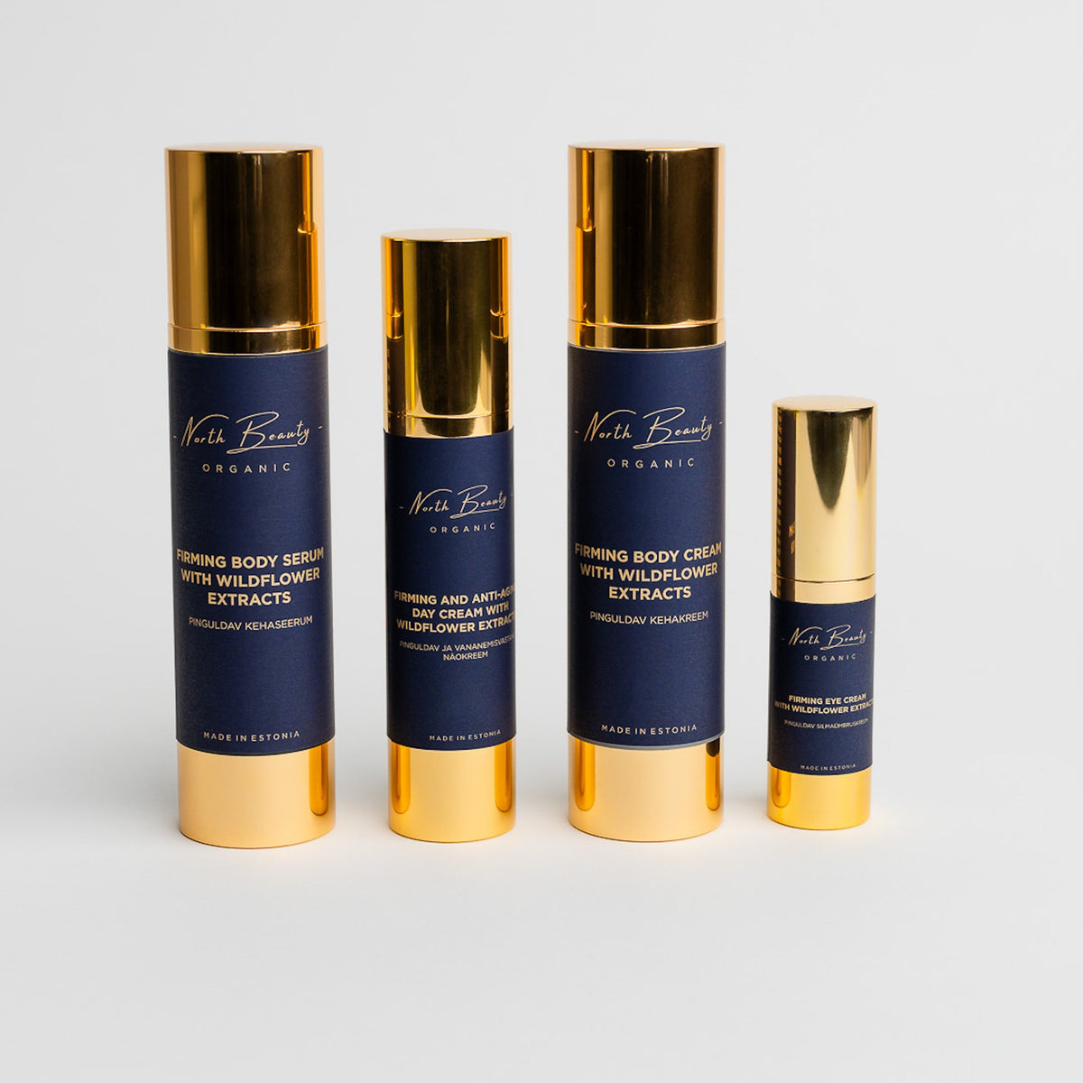 3. North Beauty skincare collection including firming eye cream and body products, studio shot