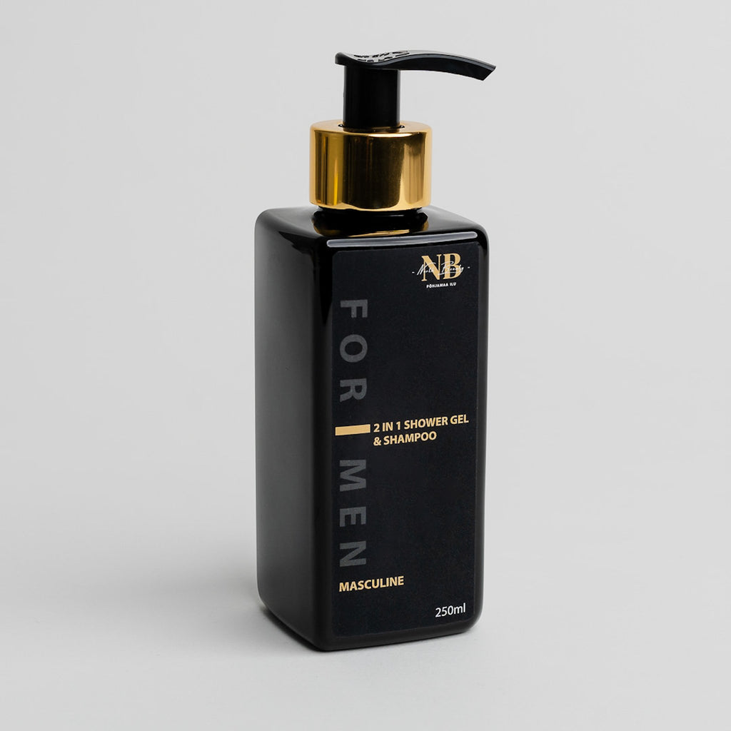 3. North Beauty 2 in 1 shower gel for men with aloe vera, 250ml, shown in studio with black and gold packaging