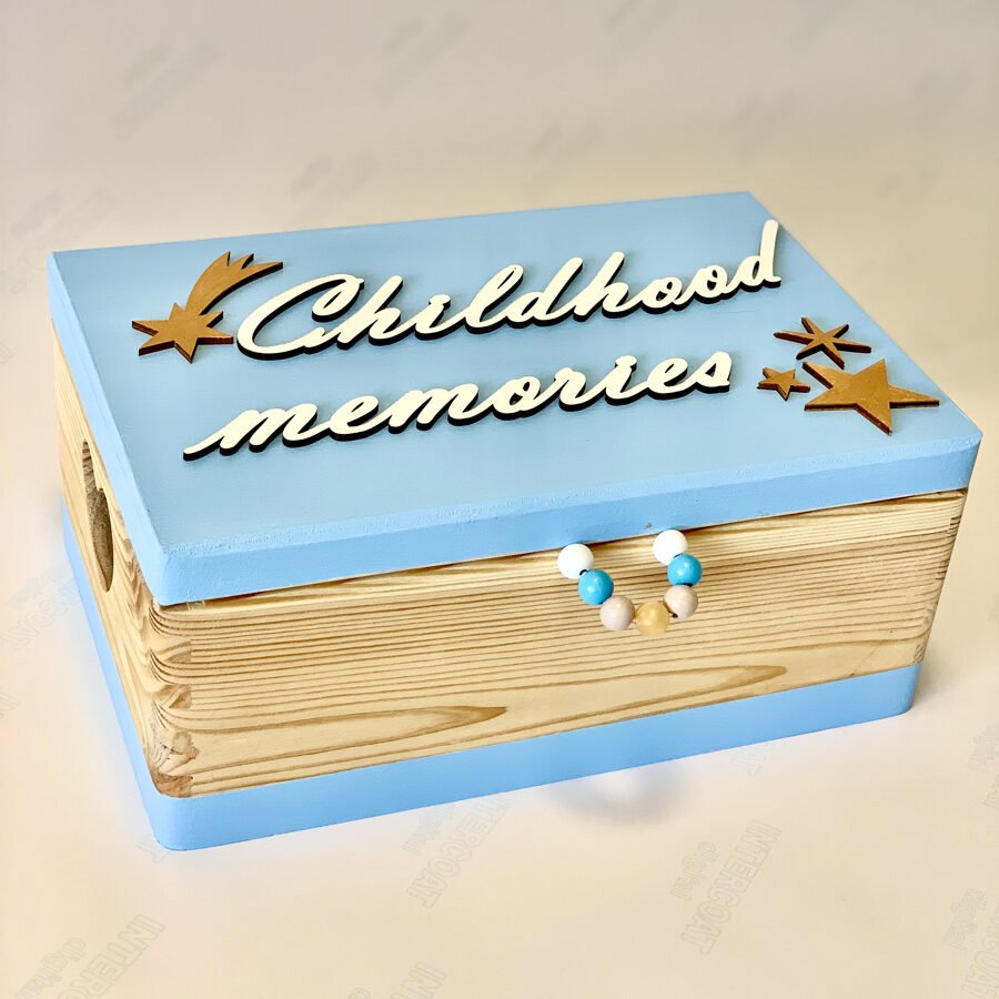 1. Light blue wooden memory box with 'Childhood memories' text and star decorations, featuring cut-out hearts on sides and colorful silicone bead handle, ideal for storing baby keepsakes.