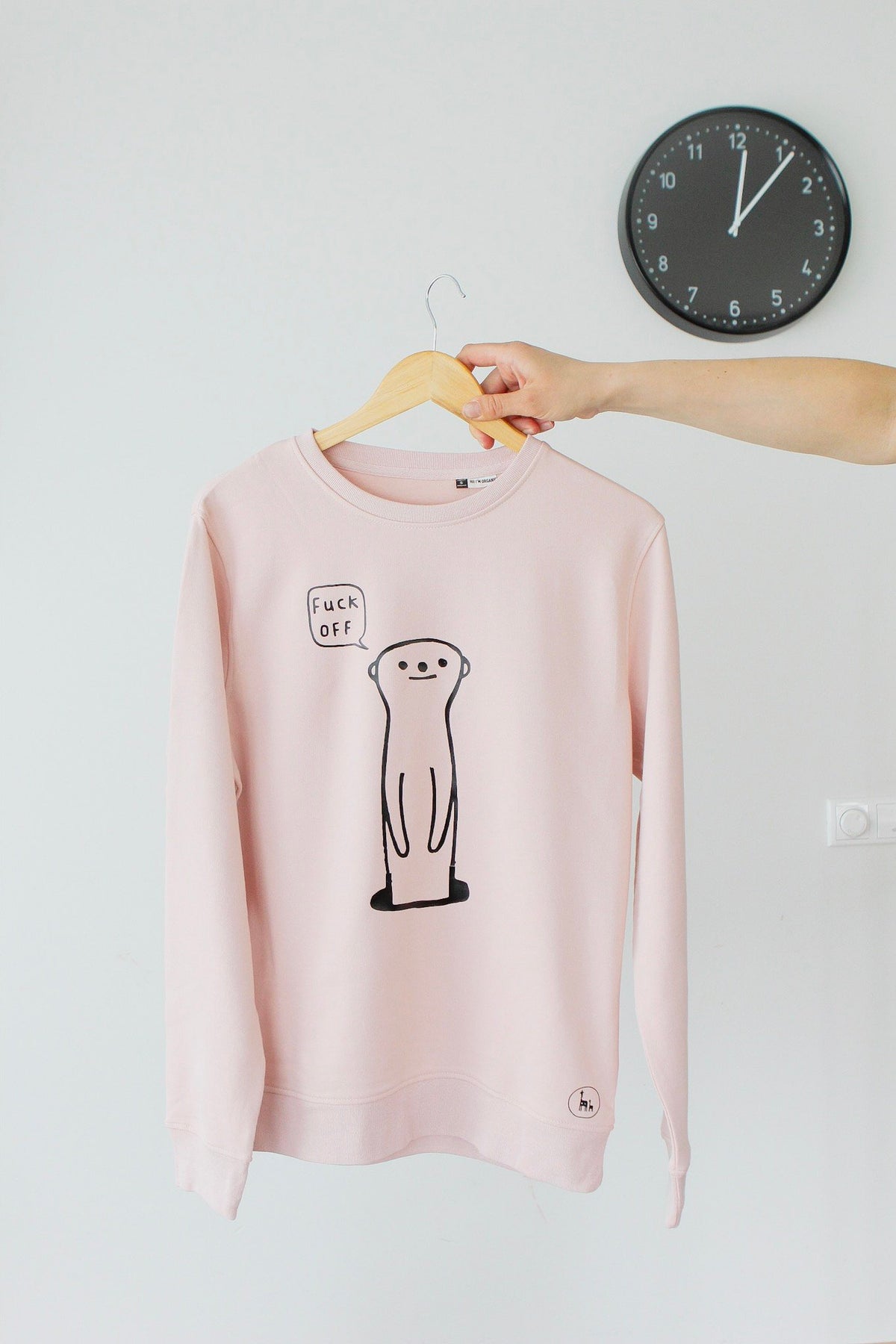 1. Unisex oversized pink sweatshirt by Black Giraffe Brand featuring a cheeky meerkat design with 'F_ck Off' text, shown on hanger in studio setting