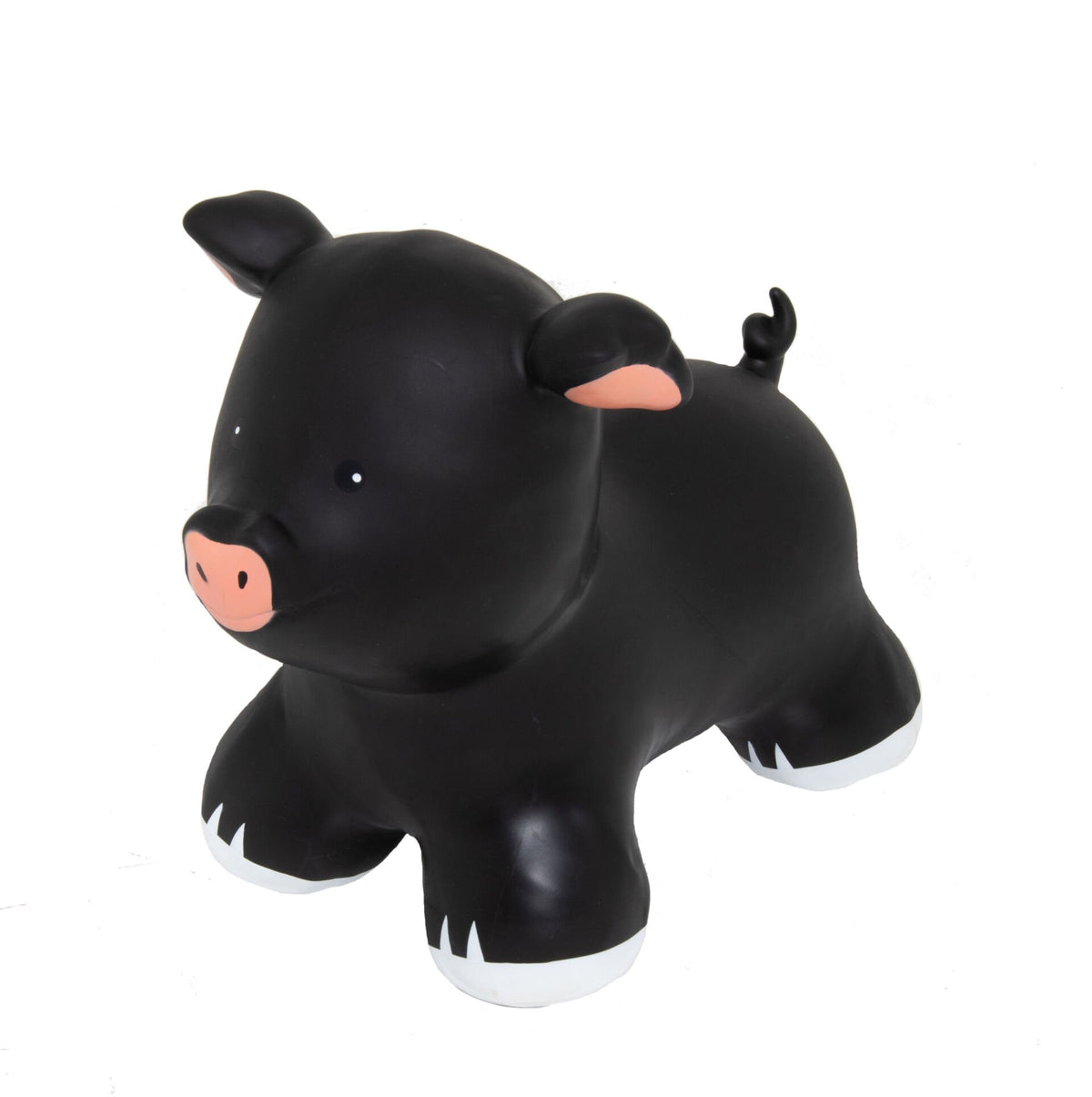5. Black pig-shaped hopper toy shown from side on white background