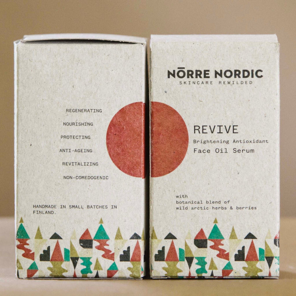 6. Packaging of Nörre Nordic REVIVE Brightening Antioxidant Face Oil Serum with product benefits