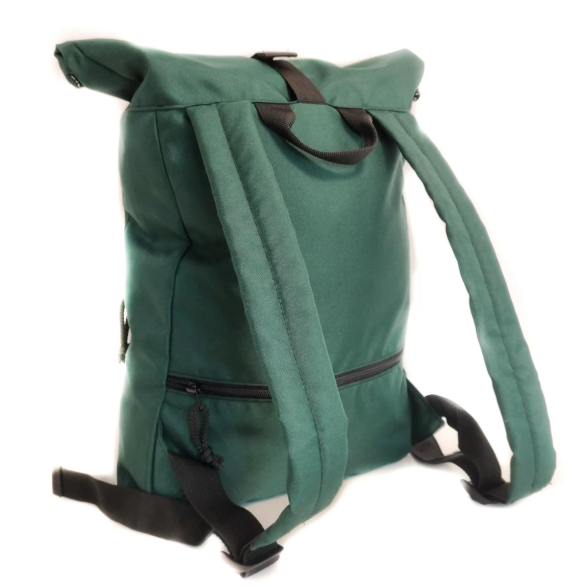 3. Back view of Drinbags COSMIC EYE waterproof backpack in green, highlighting padded adjustable shoulder straps and zippered pocket