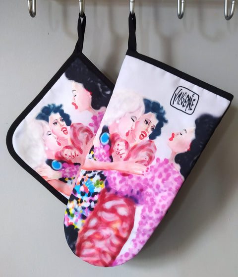 4. Set of pot holder and oven mitt featuring 'After Third Prosecco' painting by Katrin Valgemäe, hanging on hooks