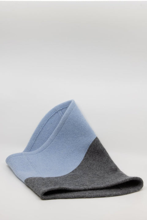 4. Close-up of HERTTA felted wool tube scarf in medium grey and light blue, highlighting fabric and design