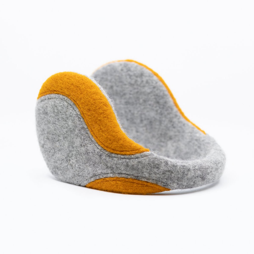 1. HERTTA felted wool earmuffs in light grey and curcuma, showcasing cozy design and 3D-printed PLA frame