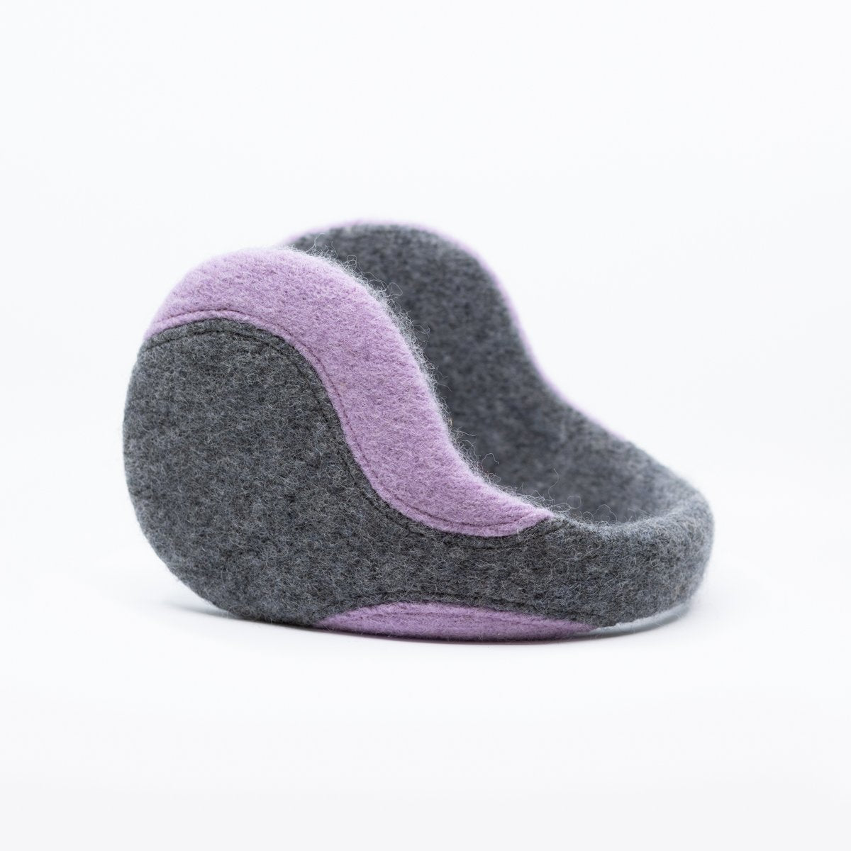 1. HERTTA felted wool earmuffs in medium grey and lilac, shown in a studio setting