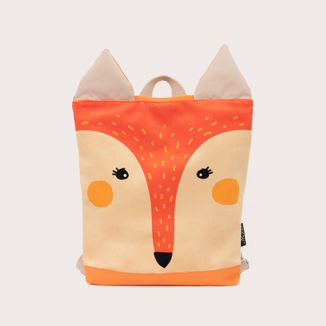 6. Muni kids fox backpack front view, featuring unique painted and printed design