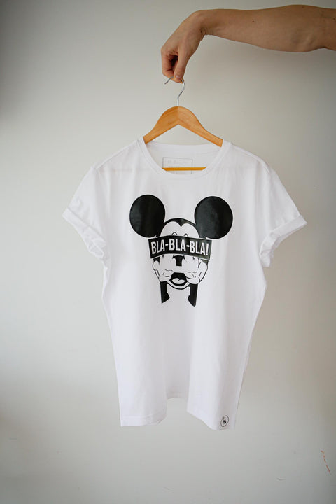 2. White Blablabla Mickey T-shirt by Black Giraffe Brand featuring 'BLA-BLA-BLA!' text and Mickey graphic, displayed on hanger