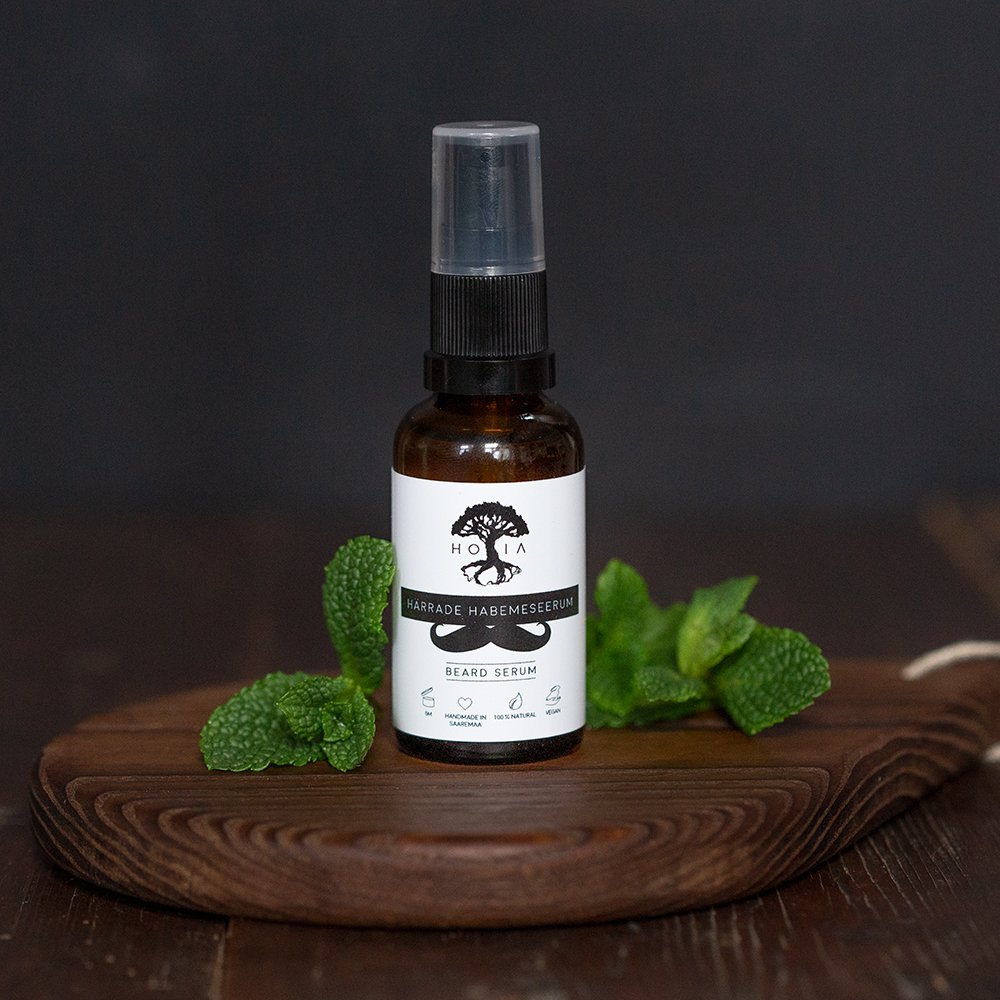 1. HOIA homespa beard oil for men 30ML, displayed on a wooden board with mint leaves, highlighting natural ingredients and luxurious grooming