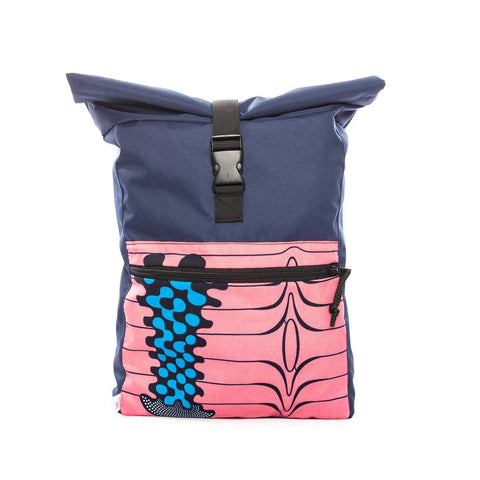 1. Drinbags PINK waterproof backpack with roll-top closure and pink patterned front pocket, studio shot