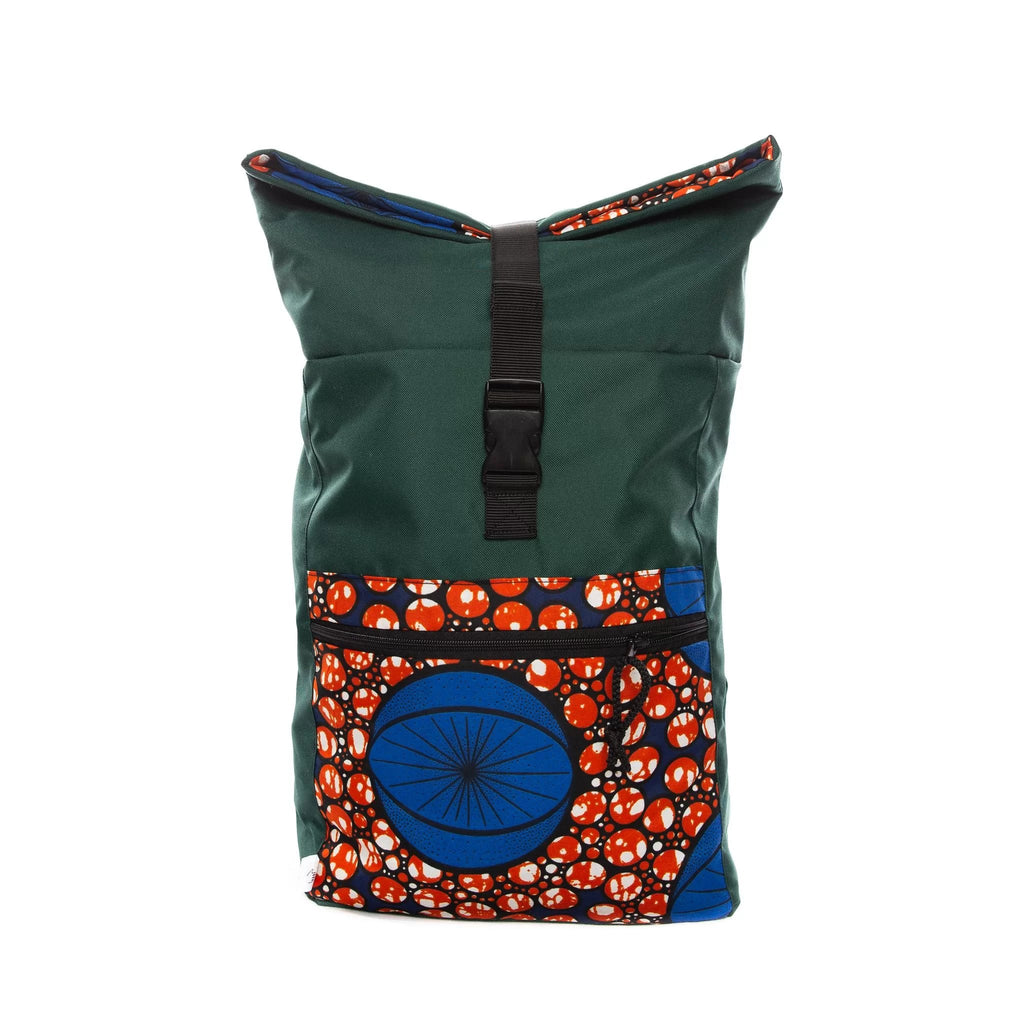 2. Drinbags COSMIC EYE waterproof backpack in green with colorful pattern, shown with roll-top closure open, front view