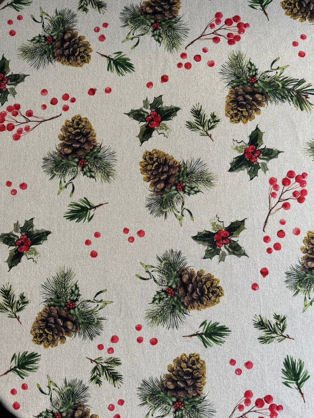 2. Close-up of Christmas Motive Golden Pine Round Tablecloth showing detailed pine and berry pattern