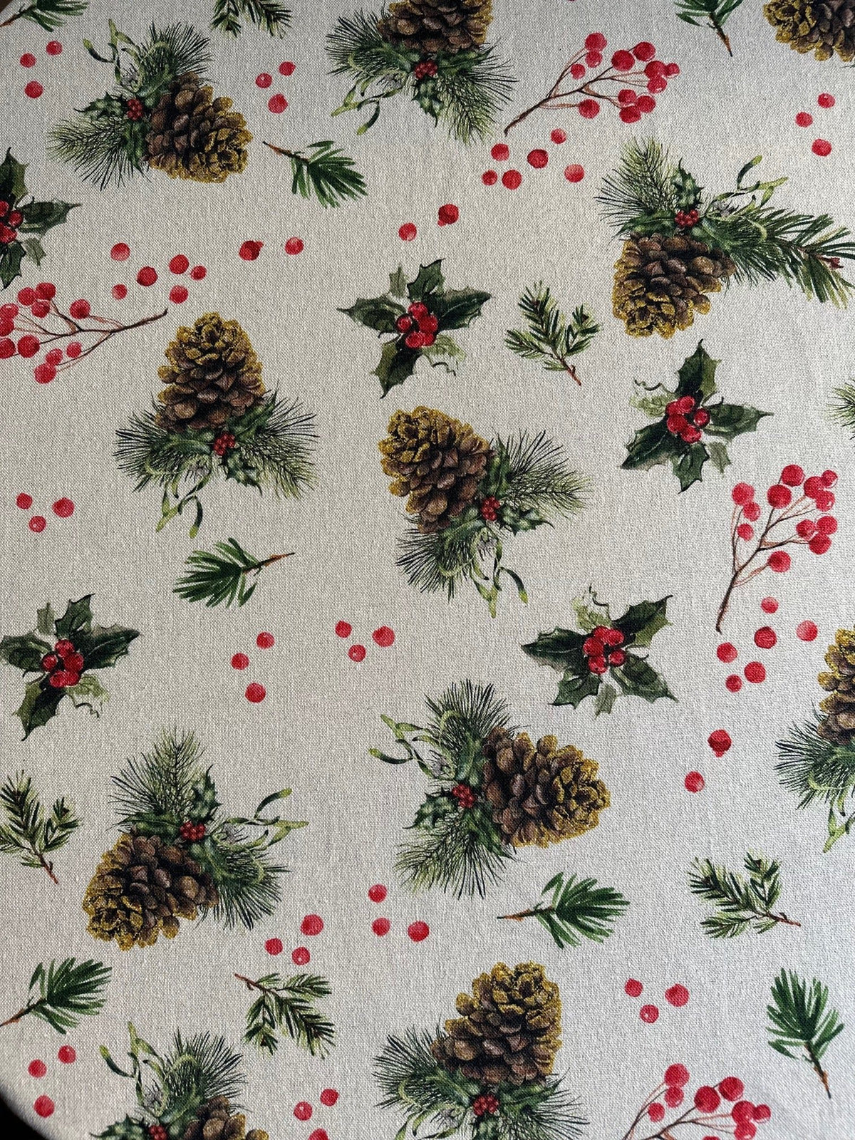 2. Close-up of Christmas Motive Golden Pine Round Tablecloth showing detailed pine and berry pattern