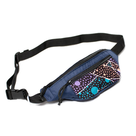 2. Studio image of Drinbags Classic Waist Bag in COSMIC DOTS pattern, showing adjustable strap and dual compartments