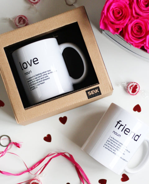 1. SEIK Design Mug with 'Love' definition, shown in gift box with pink roses and heart decorations