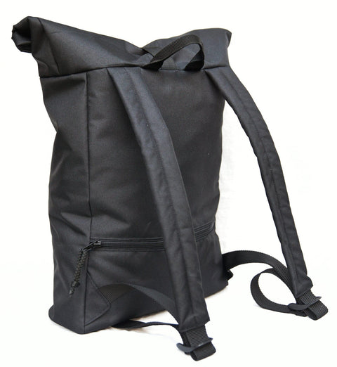 5. Back view of Drinbags PAINT waterproof backpack in black, highlighting padded shoulder straps and back pocket, studio shot