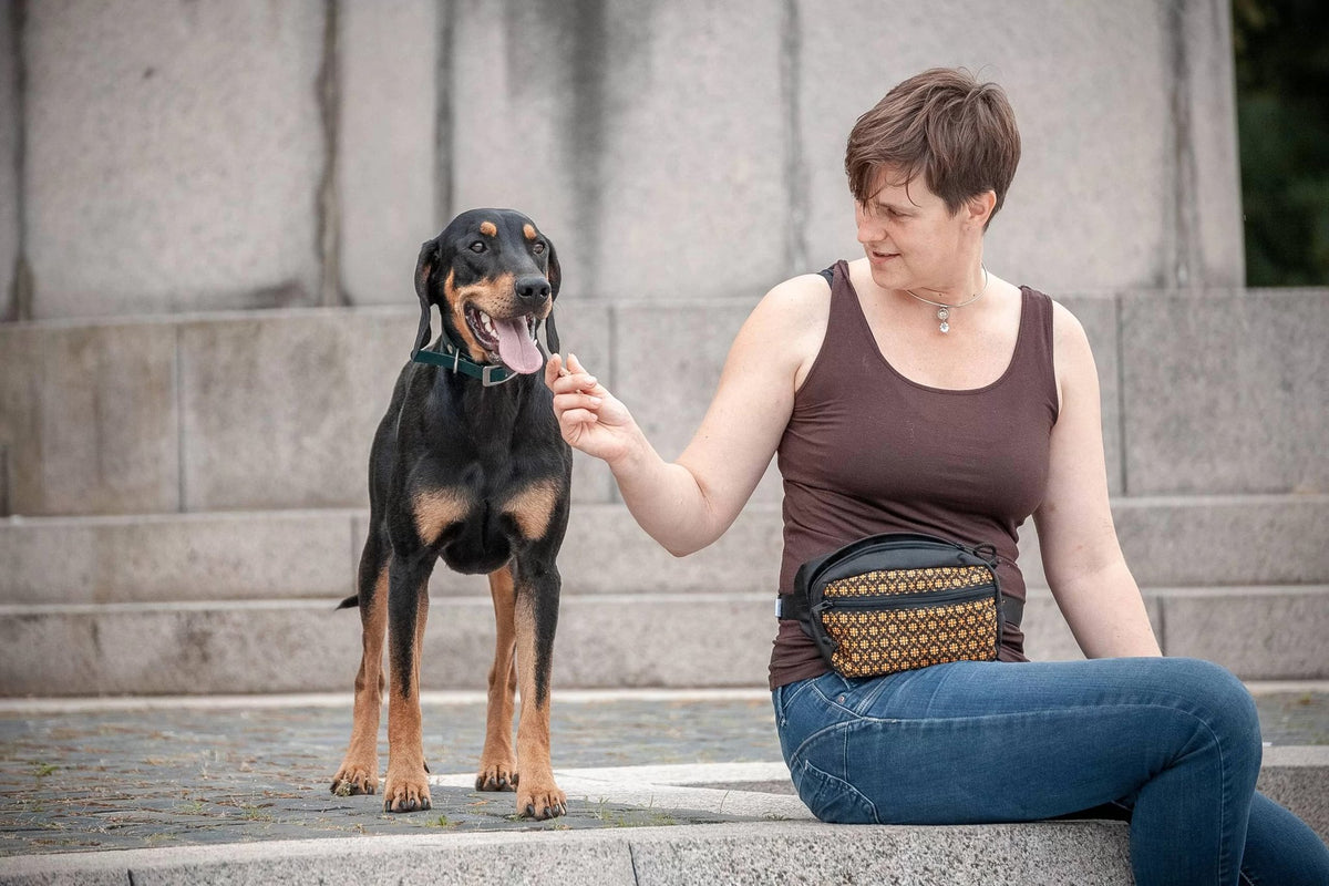 1. Woman sitting with dog wearing Drinbags HYPNOSIS dog treat bag in lifestyle setting