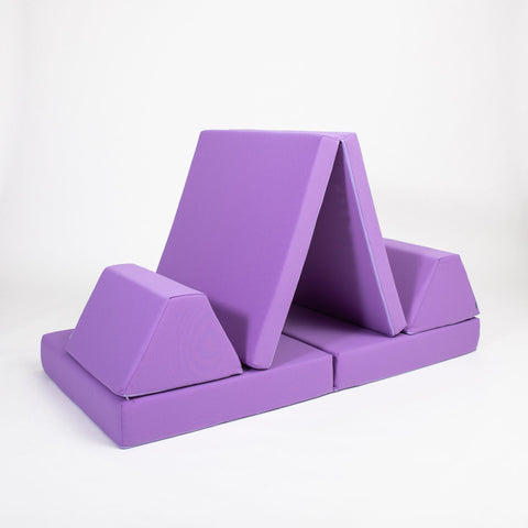 2. Purple activity play mattress set with trapezoidal pillows forming a tent-like structure on a white background