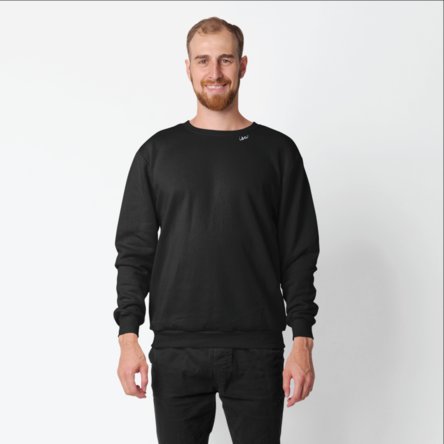 2. Unisex black Beebila sweatshirt with 'Isa' embroidery, worn by male model, full view in studio