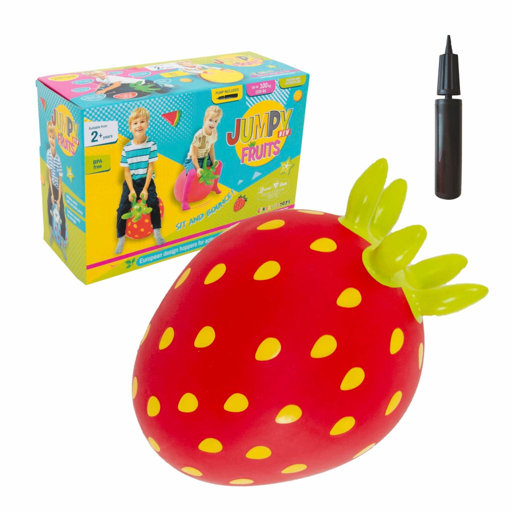 4. Flat lay of Jumpy Fruits strawberry toy with packaging and hand pump included