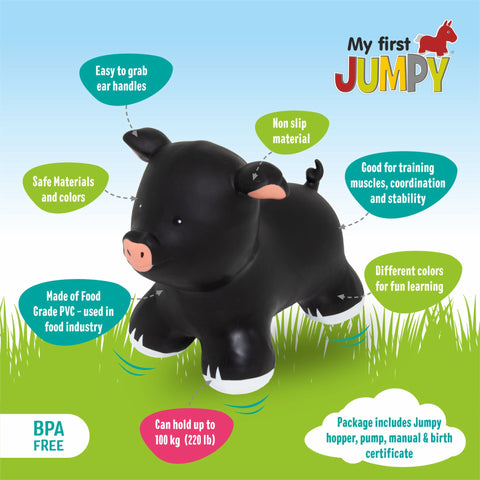4. Black pig-shaped hopper toy with features like BPA free and safe materials on grass background