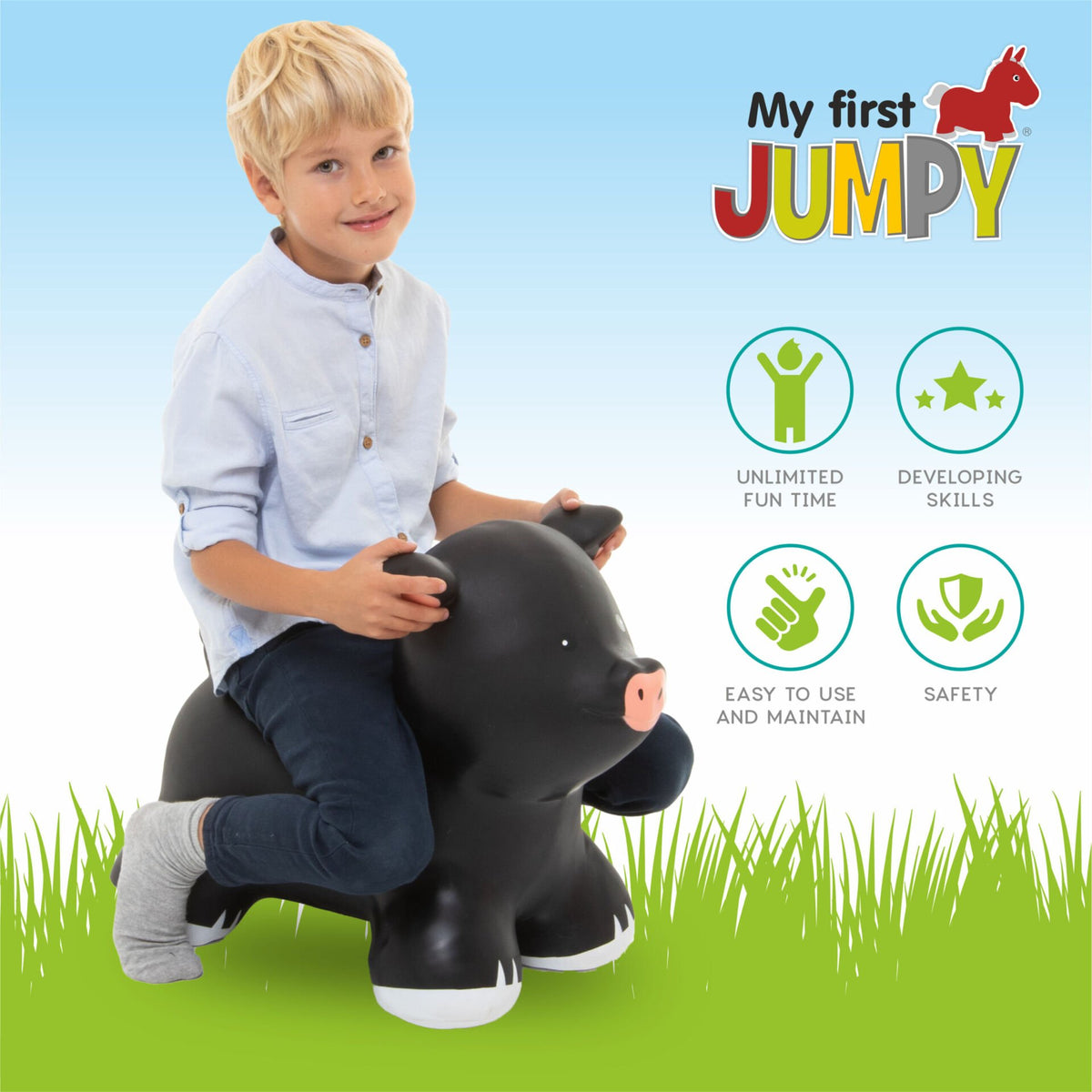 6. Child sitting on black pig-shaped hopper toy with fun and safety icons on grass background