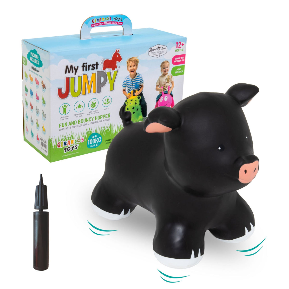 3. Black pig-shaped hopper toy with packaging box and hand pump on white background