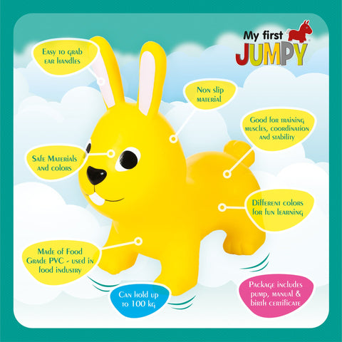 3. Infographic of yellow bunny hopper toy highlighting features like non-slip material and safe colors