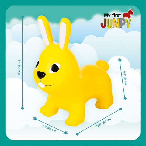 5. Size chart for yellow bunny hopper toy showing dimensions in centimeters