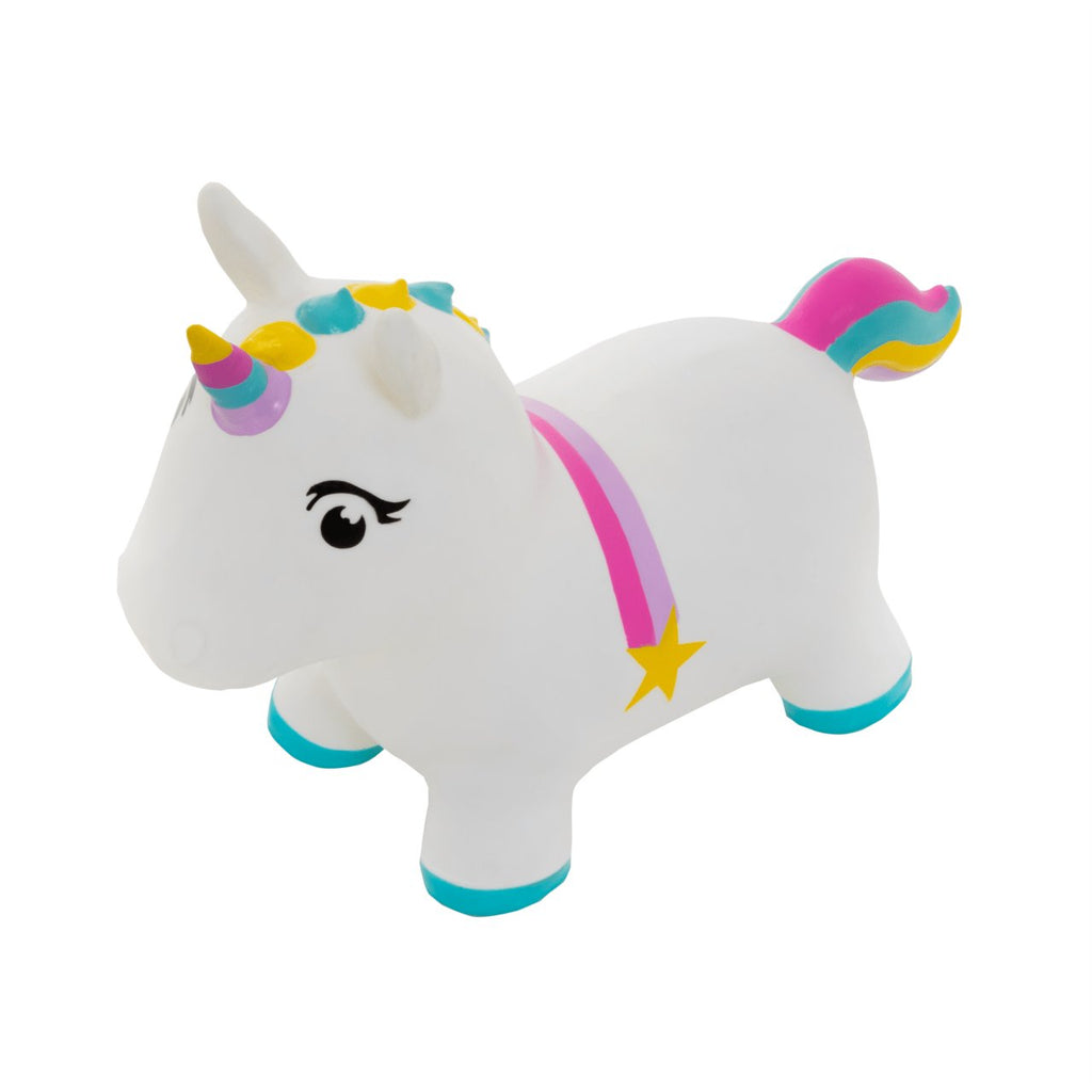 2. White unicorn hopper with colorful mane and tail, featuring a pink strap and yellow star, shown in studio setting