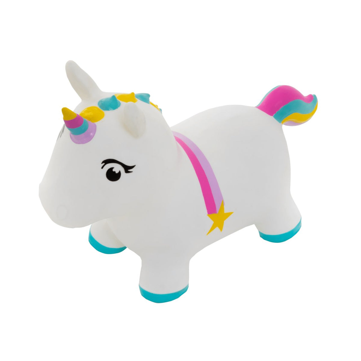 2. White unicorn hopper with colorful mane and tail, featuring a pink strap and yellow star, shown in studio setting