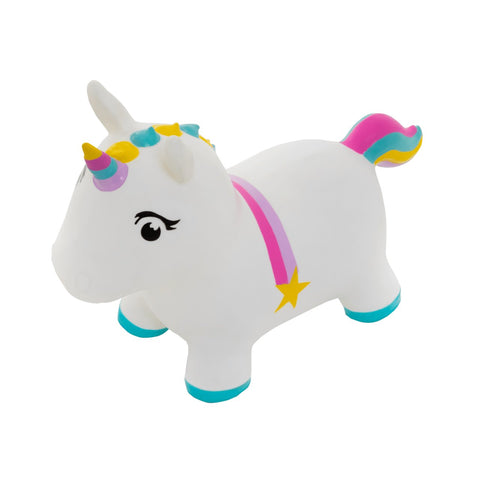 2. White unicorn hopper with colorful mane and tail, featuring a pink strap and yellow star, shown in studio setting