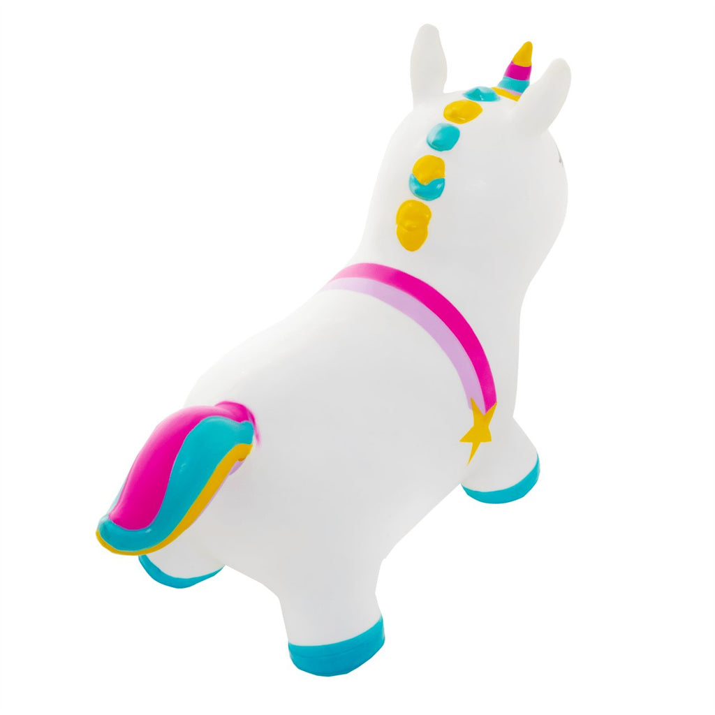 3. Back view of white unicorn hopper with colorful mane and tail, highlighting design details